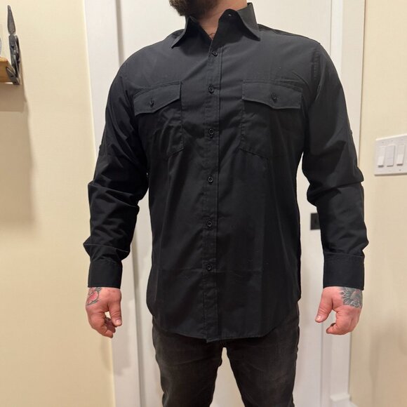 SAFARI SLEEVE!  (has button to stay rolled up) Black Dressy Casual Button Down - Picture 3 of 7